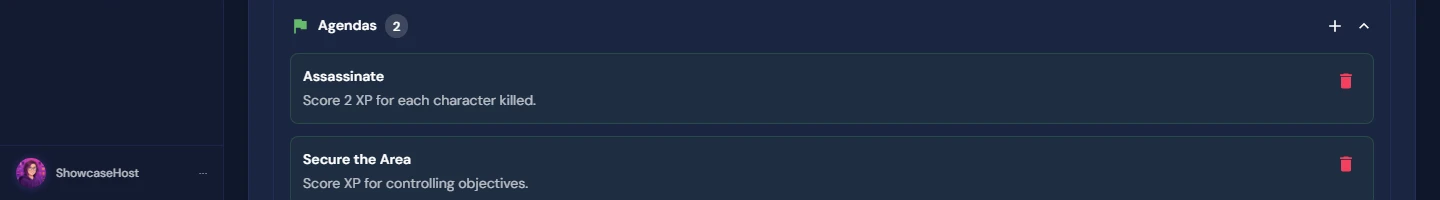 Agendas Selection Panel showing available sub-missions and XP rewards