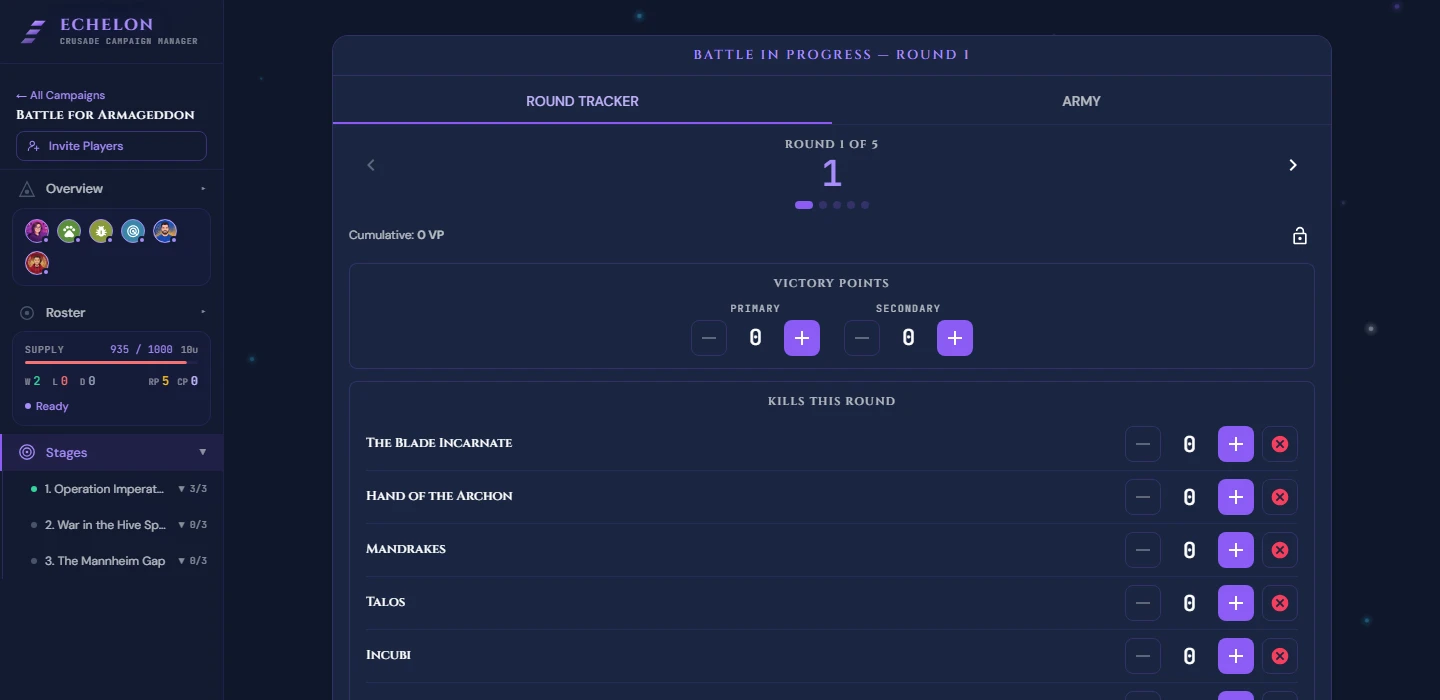 Live Battle Round Tracker interface for tabletop game tracking