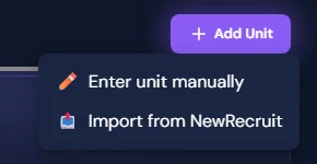 Add Unit Menu interface showing unit category selection