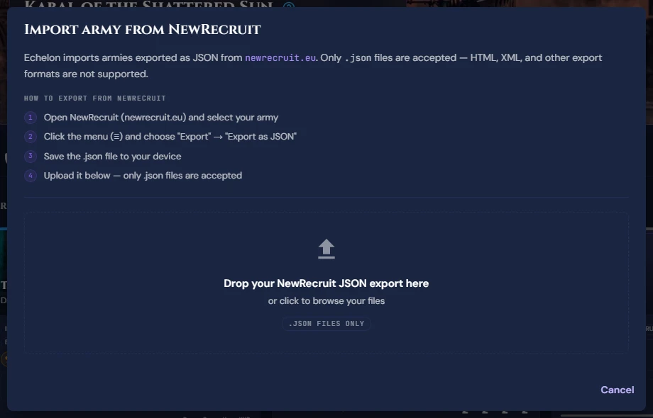 Importing NewRecruit JSON dialog window in Echelon