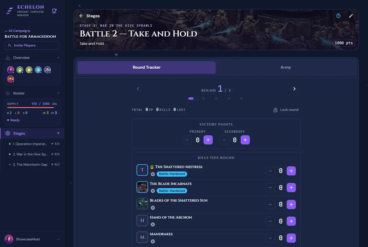Echelon live battle companion showing a round tracker with primary and secondary victory point counters and a per-unit kill tally for the current round.