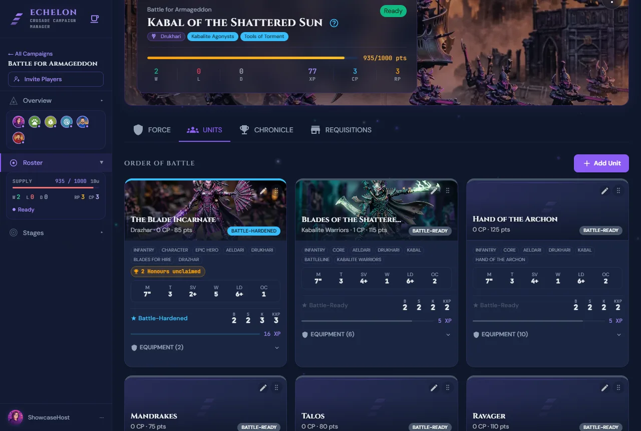 Echelon Order of Battle showing Crusade Cards for individual units with their rank badges, stat lines, keywords, experience points and unclaimed Battle Honours.